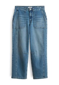 Jean droit en denim bleu avec poches plaquées à l’avant, fermeture par boutons et légère décoloration au niveau des cuisses et des genoux.
