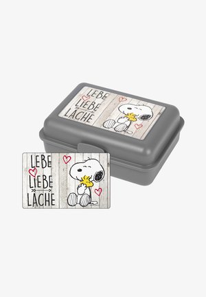 Lunchbox rettangolare grigia con coperchio rifinito con un design a righe di legno e personaggi dei cartoni animati, testo in tedesco: "LEBE LIEBE LACHE."