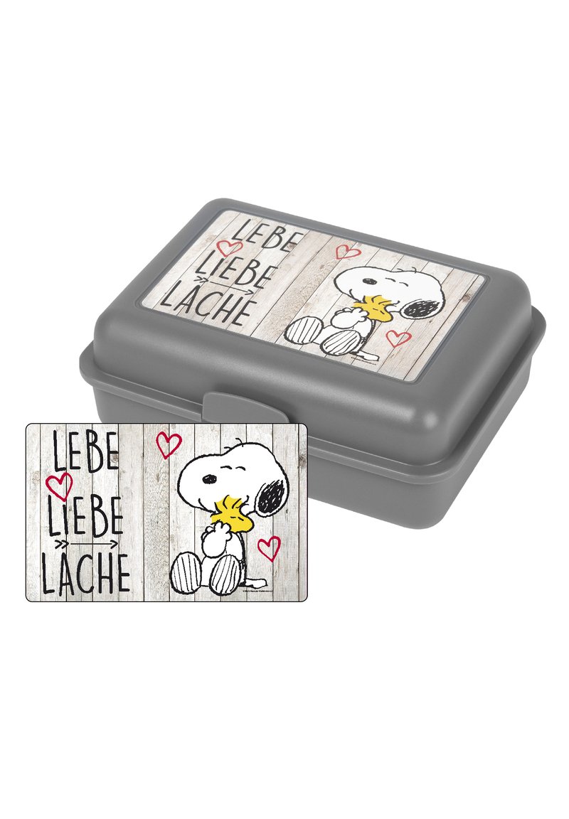Graue rechteckige Brotdose mit einem Deckel, der ein Holzdesign und Cartoonfiguren zeigt, Text auf Deutsch: "LEBE LIEBE LACHE."