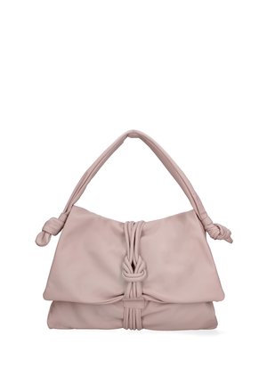 Borsa a tracolla in pelle rosa chiaro con un dettaglio annodato al centro. Presenta un manico rotondo singolo e un design morbido.