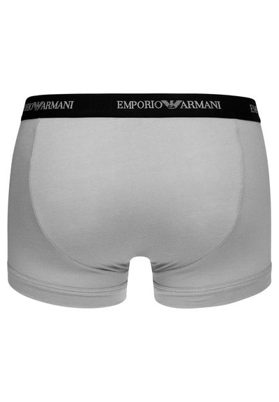 Szürke pamut boxer alsónadrág fekete rugalmas derékkal, amelyen az "EMPORIO ARMANI" logó található. Sima textúra és testhezálló kialakítás.