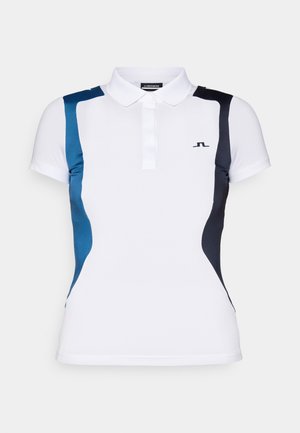 White polo shirt with blue and navy side panels. Features a collared neckline and short sleeves. Logo displayed on the left chest.