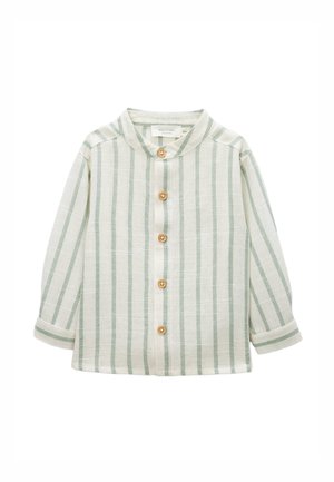Chemise enfant à manches longues avec rayures verticales vert clair, boutons en bois sur le devant et petit col montant.