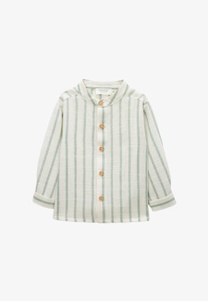 Chemise enfant à manches longues avec rayures verticales vert clair, boutons en bois sur le devant et petit col montant.