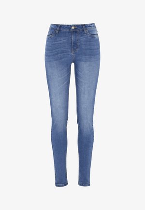 Skinny jeans in lichtblauwe denim, met een klassieke vijf-pocket ontwerp, subtiele vervaging en een knoopsluiting bij de taille.