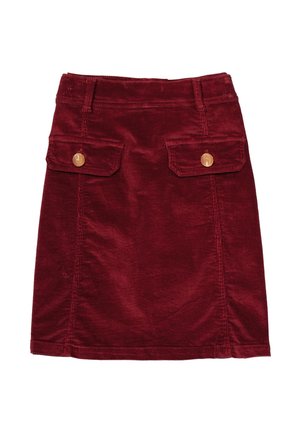 Burgundy corduroy skirt with a fitted design, two front pockets, and outlined stitching. Features a smooth texture and golden button accents.