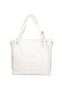 Sac fourre-tout en cuir blanc avec double anses, présentant des détails cousus et un logo sur le côté. Texture lisse avec une forme structurée.