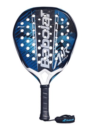 Blå og sort Babolat Viper padel ketcher med runde huller og en sort greb med håndledsrem.