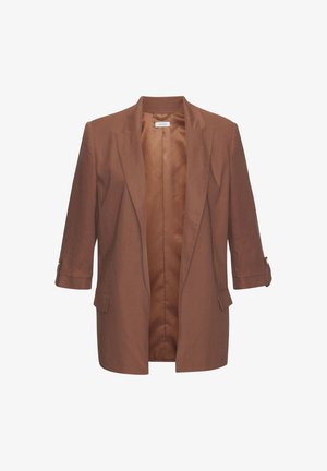 Blazer in lino marrone con maniche a tre quarti, revers, due tasche anteriori e foderato in satin liscio. Design minimalista, apertura frontale.