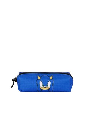 Estuche azul con un diseño de personaje de dibujos animados de Sonic el Erizo en la parte frontal, con una tela texturizada y cremallera negra.