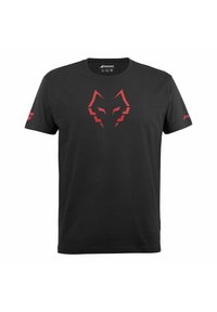 Sort kortærmet T-shirt med et rødt stiliseret wolf ansigt designet centreret på brystet og små røde logoer på hver ærme.