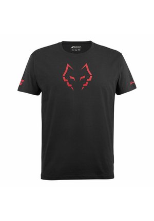 Sort kortærmet T-shirt med et rødt stiliseret wolf ansigt designet centreret på brystet og små røde logoer på hver ærme.