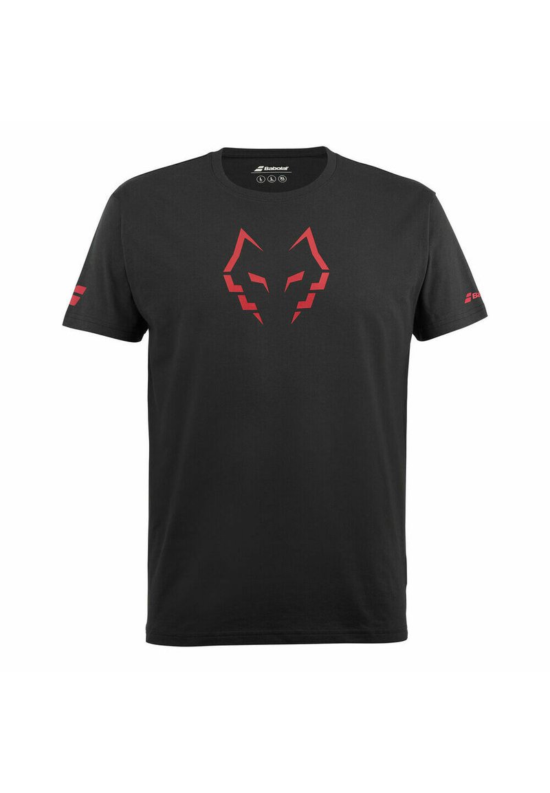 Sort kortærmet T-shirt med et rødt stiliseret wolf ansigt designet centreret på brystet og små røde logoer på hver ærme.