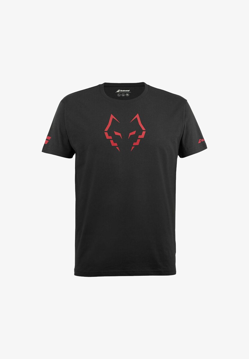 Sort kortærmet T-shirt med et rødt stiliseret wolf ansigt designet centreret på brystet og små røde logoer på hver ærme.