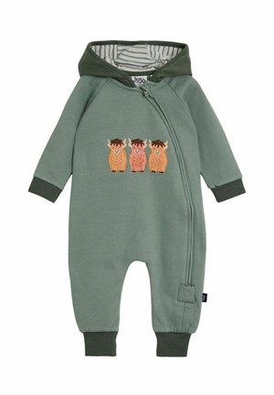 Grüner Baumwoll-Overall mit Reißverschluss, der auf der Vorderseite drei gestickte Cartoon-Tiere und ein gestreiftes Futter in der Kapuze hat.