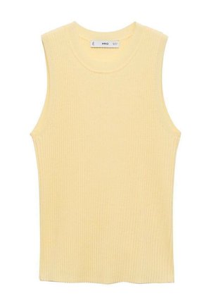 Light yellow sleeveless top with a ribbed texture. Features a round neckline and straight hem. Fabric appears soft and stretchy.