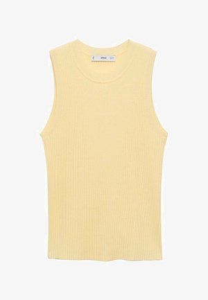 Top galben deschis fără mâneci, cu o textură nervurată. Prezintă un decolteu rotund și un tiv drept. Materialul pare moale și elastic.