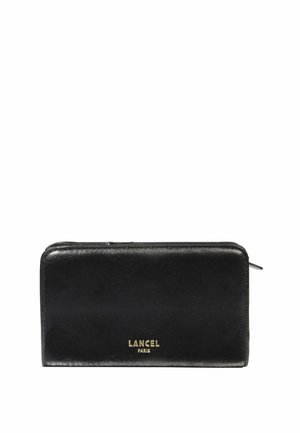 Portefeuille rectangulaire noir en cuir avec fermeture éclair, logo doré "LANCEL PARIS" embossé au centre avant.