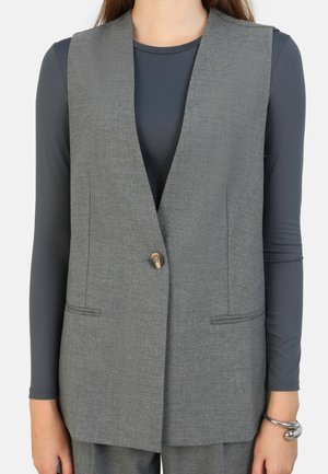 Gray, sleeveless vest with a flat collar, single button, and two front pockets. Made of textured fabric with a tailored fit.