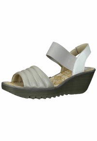 Hellgraue Keilsandalen mit einem strukturierten Riemendesign, elastischem Knöchelband und gemustertem Fußbett. Verfügt über eine Gummisohle für besseren Halt.