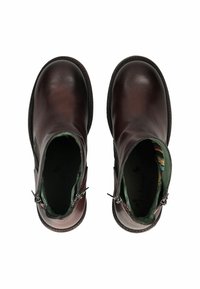 Bottines en cuir marron avec fermeture éclair et doublure en textile vert, présentant une finition lisse et des bouts ronds.