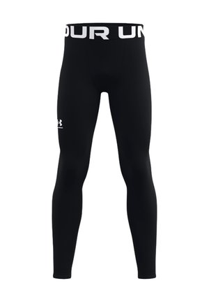 Sorte hel-længde kompressions-leggings med bred talje med stor hvid "UNDER ARMOUR" tekst og lille hvidt logo på venstre lår.