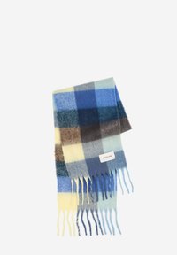 Wollen sjaal met een ruitpatroon in verschillende tinten blauw, geel en bruin. Afgewerkt met franjes en een logotag.