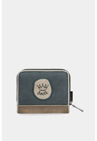 Piccolo portafoglio rettangolare di colore grigio scuro e marrone con zip, emblema della corona e logo "Anekke" sulla parte anteriore.