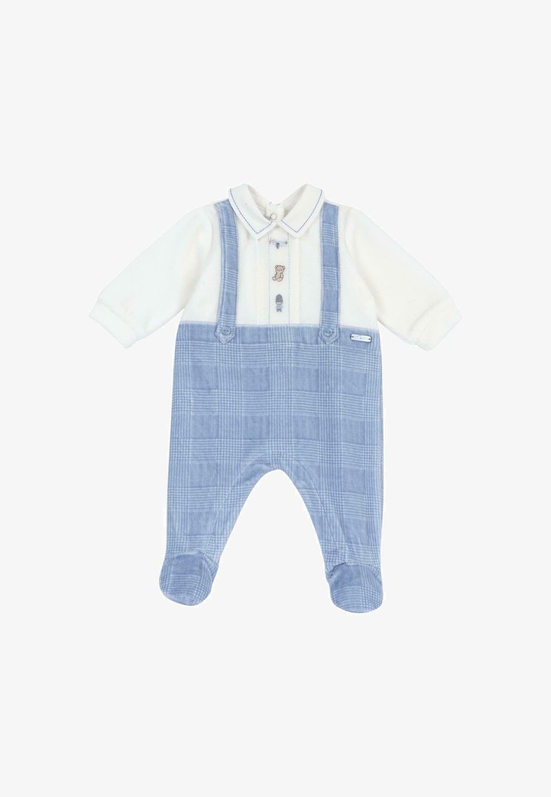 Grenouillère bébé blanche à manches longues avec pantalon à bretelles bleu à carreaux et détails brodés d'ours en peluche et de jouets sur la poitrine.