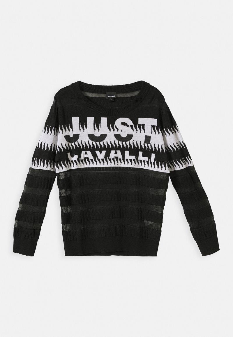 Pull en maille noire avec motifs de flammes blanches et texte "JUST CAVALLI" sur la poitrine, doté d'un col rond côtelé et de manches longues.