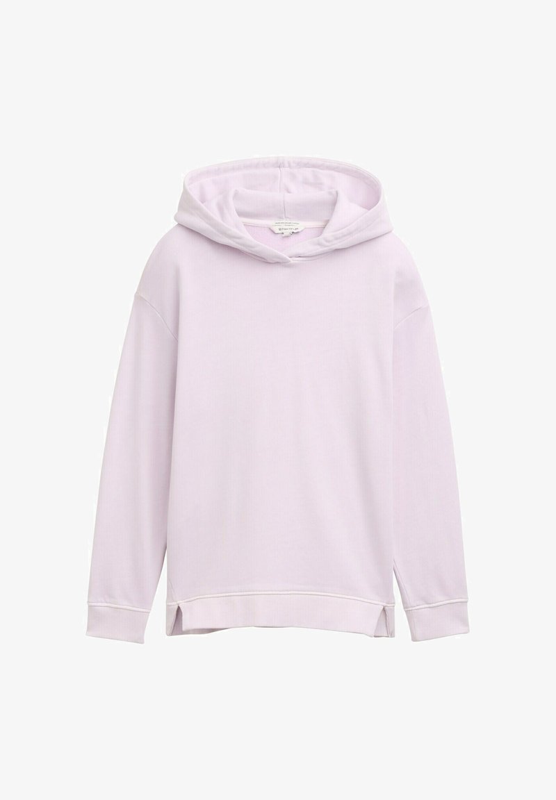 Felpa a maniche lunghe di colore viola chiaro, con cappuccio regolabile, fessure laterali e polsini a costine. Texture morbida con una finitura liscia.