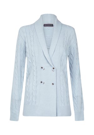 Heled sinine kudumine kardigan šaalikaelusega, topelt-nööbivarraga, soonikmustri ja hõbedaste nuppudega. Pikad varrukad soonikservadega.