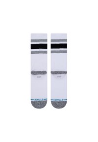 Weiße Socken mit grauen und schwarzen horizontalen Streifen, grauen strukturierten Zehen- und Fersenakzenten, versehen mit einem blauen Logo und numerischen Details am Bündchen.
