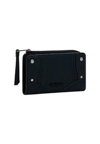 Portafoglio in pelle nera con cuciture curve e dettagli in metallo argentato. Chiusura con zip e una nappina decorativa sul lato. Logo del brand visibile.