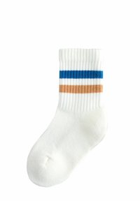 Weiße Baumwollsocke mit gerippter Textur, die drei horizontale Streifen in Blau, Weiß und Beige aufweist. Weiches und leichtes Design.