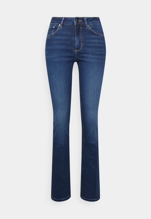 Dunkelblaue Jeans aus Denim mit geradem Bein, hoher Taille, sichtbaren Fronttaschen und kontrastierenden orangenen Nähdetails.
