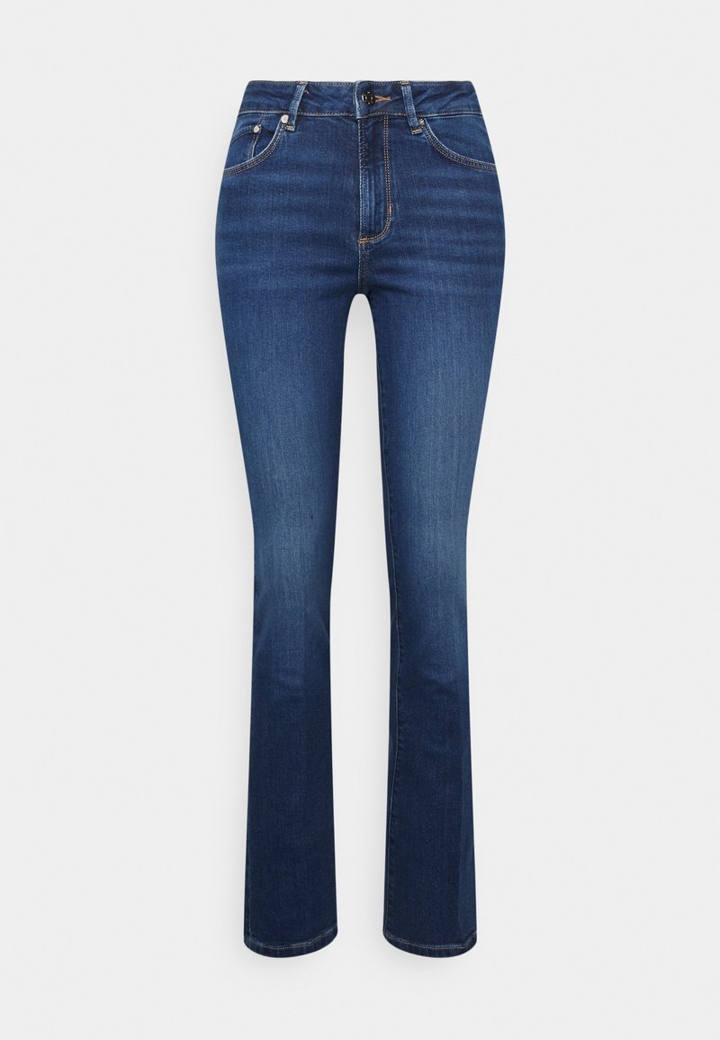 Dunkelblaue Jeans aus Denim mit geradem Bein, hoher Taille, sichtbaren Fronttaschen und kontrastierenden orangenen Nähdetails.