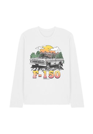 White long-sleeve shirt with a vintage Ford F-150 truck illustration, sunset, trees, mountains, and large gradient "F-150" text below.