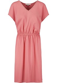 Vestido rosa de manga corta con escote en V y cintura elástica. Confeccionado en una tela suave, presenta fruncidos en la cintura para un ajuste relajado.