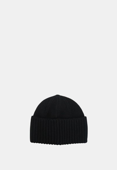 Cappello beanie nero in maglia con texture a coste, risvolto e design a punta arrotondata. Realizzato in materiale morbido ed elastico.