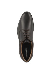 Donkerbruin leren dresschoen met een gladde afwerking, ronde neus, vetersluiting en een tan interieur met de merknaam.