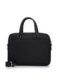 Bolsa para portátil negra hecha de tela texturizada, con dos asas superiores, una correa desmontable y un bolsillo frontal con detalles de hardware plateados.