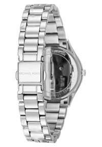 Silberne Edelstahl-Uhr mit einem Gliederarmband und einer rechteckigen Schließe. Verfügt über einen transparenten Gehäuseboden und ein klares Ziffernblatt-Design.