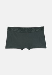 Tmavo šedé boxerky s jemnou, hladkou textúrou a páskou s vyvýšeným čiernym nápisom "BJÖRN BORG."