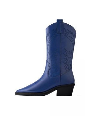 Blue leather cowboy boot with pointed toe, black angled heel, and decorative stitching on shaft and foot against white background.