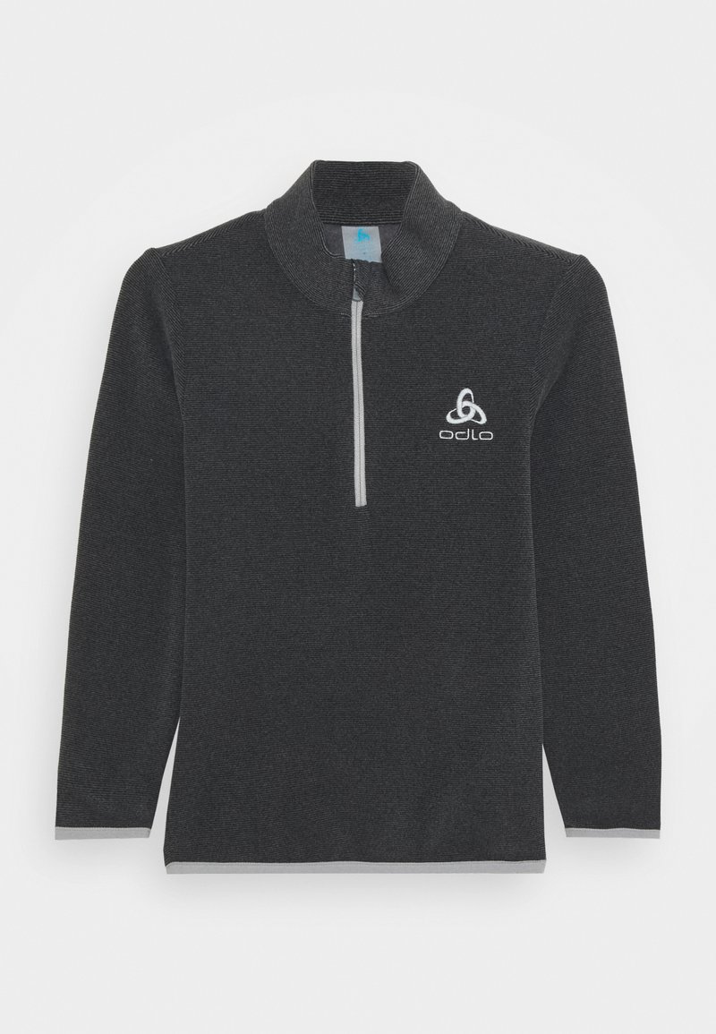 Krave sort langærmet pullover i et tekstureret stof, med en halv lynlås og grå detaljer, samt et logo på brystet.
