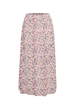 Jupe longue avec un petit motif floral coloré en nuances de rose, crème et vert sur fond blanc.