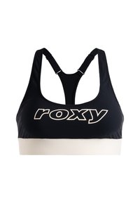 Čierno-biele športové podprsenka s nastaviteľnými prekríženými ramienkami a tlačeným logom "roxy" cez hruď.