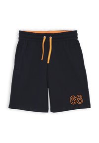 Pantaloni corti blu navy realizzati in tessuto morbido, con cordoncino arancione e dettaglio ricamato '68' sul davanti, dotati di tasche laterali.