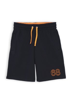 Pantaloni corti blu navy realizzati in tessuto morbido, con cordoncino arancione e dettaglio ricamato '68' sul davanti, dotati di tasche laterali.